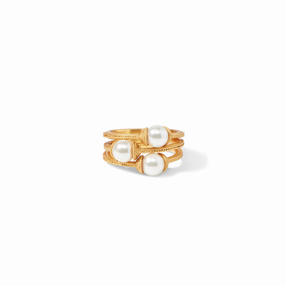 Calypso PRL Stack Ring Set 3-9 by Julie Vos features three pearl rings to stack together or wear separately.  24K gold plate. Shop at The Painted Cottage in Edgewater, MD.