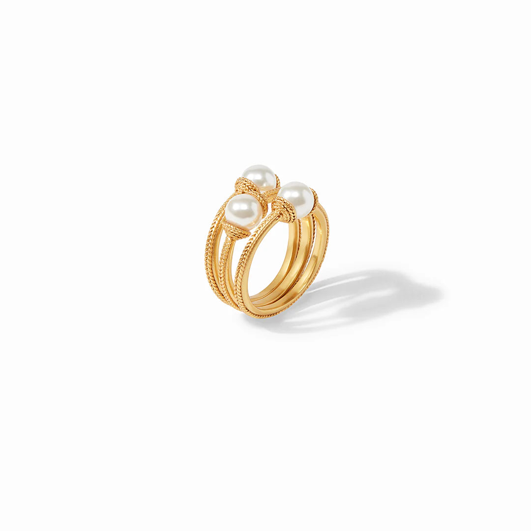 Calypso PRL Stack Ring Set 3-9 by Julie Vos features three pearl rings to stack together or wear separately. 24K gold plate. Shop at The Painted Cottage in Edgewater, MD.