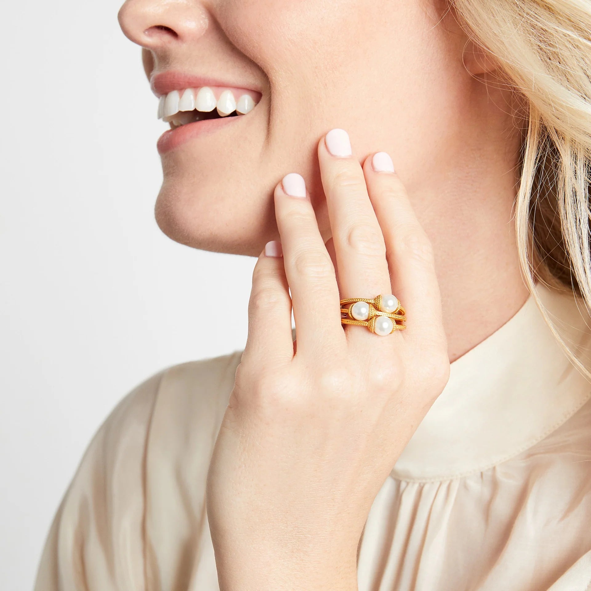 Calypso PRL Stack Ring Set 3-9 by Julie Vos features three pearl rings to stack together or wear separately. 24K gold plate. Shop at The Painted Cottage in Edgewater, MD.