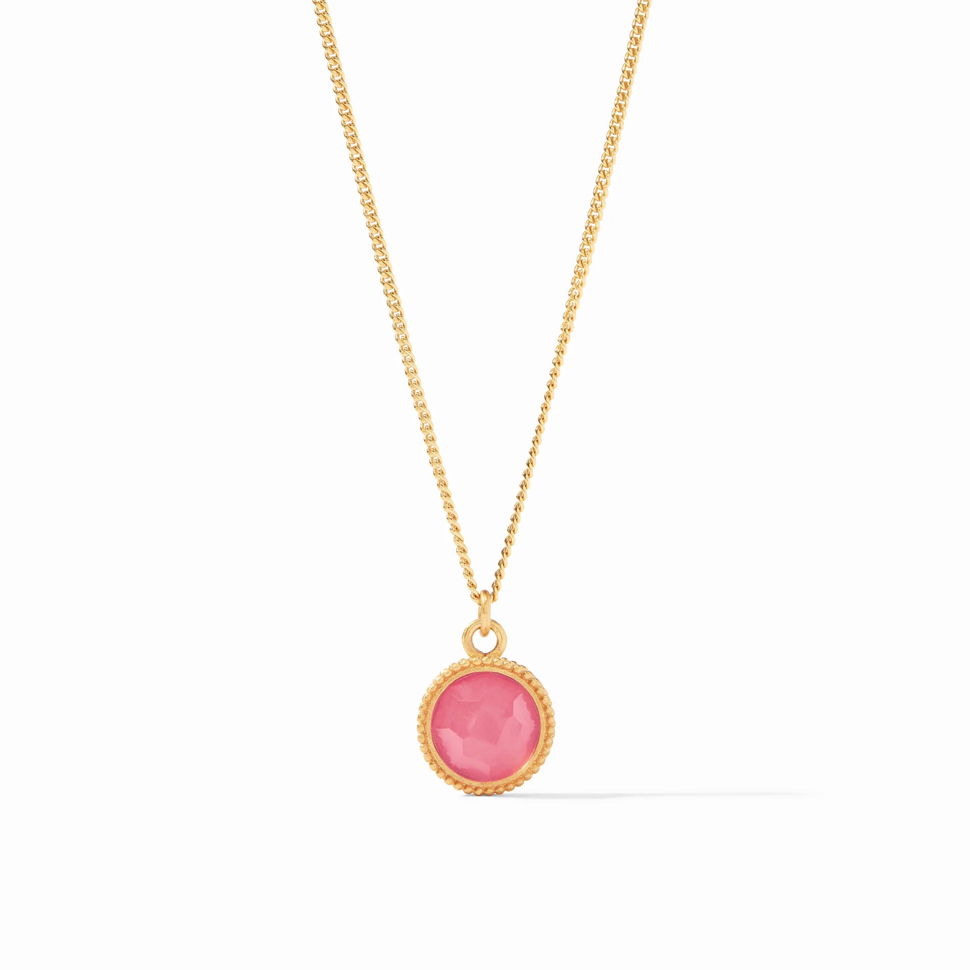Fleur-de-Lis Solitaire Necklace / Iridescent Peony Pink by Julie Vos. One necklace, two ways to wear it—one side features a glittering gemstone, while the reverse side features a fleur-de-lis intaglio. 17-18 inch length, 24K gold plate. Shop at The Painted Cottage in Edgewater, MD.