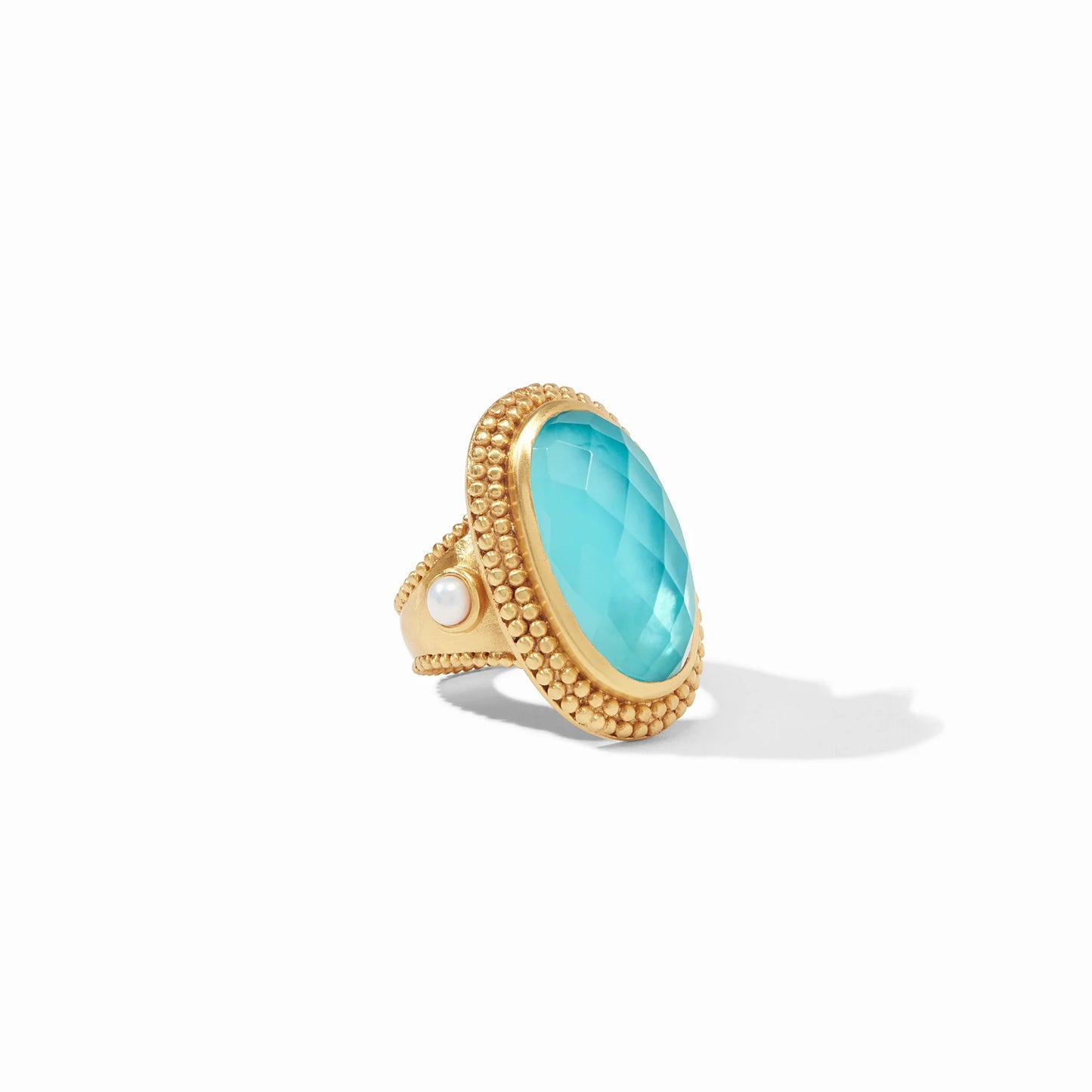 Flora Statement Ring Bahamian Blue 7 by Julie Vos. 24K gold plate, glass doublet, freshwater pearl cabochons 1.25 inch length. Shop at The Painted Cottage in Edgewater, MD.