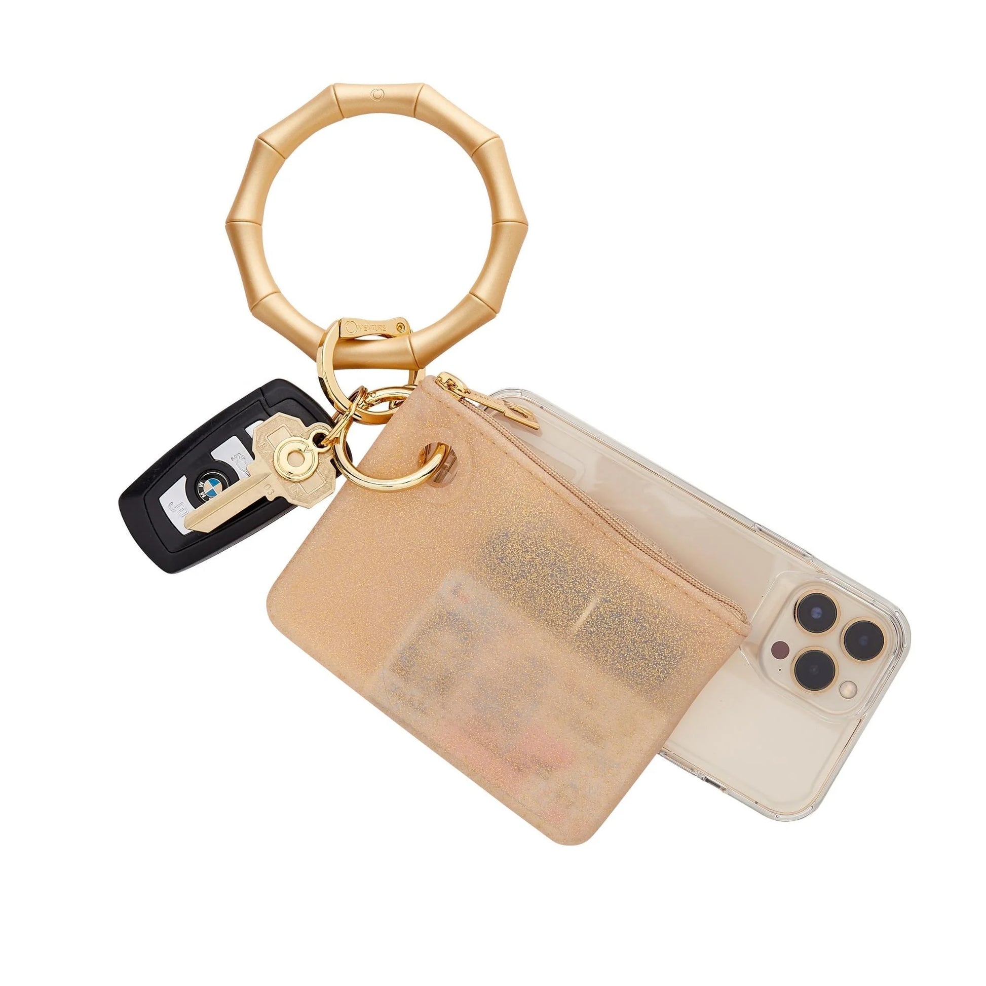 Universal Phone Connector - Gold Phone Tab Oventure Personal Accessories Gold-hook-me-up-gold-bamboo-big-o-key-ring-phone-attached