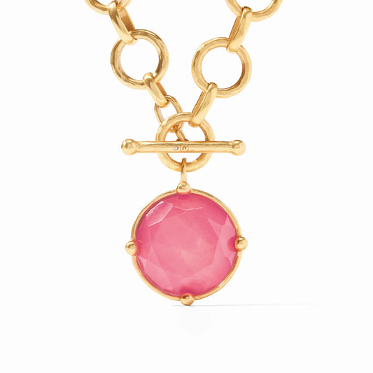 Honeybee Statement Necklace - Iridescent Peony Pink by Julie Vos. Faceted sparkling imported glass with Peony Pink doublet on a lightly hammered link, finished with a front toggle closure. Cameo bee on reverse side.  Regular: 19 inch length Long: 23 inch length 24K gold plate. Shop at The Painted Cottage in Edgewater, MD.