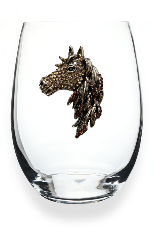 Gold and Brown Horse Head Jeweled Stemless