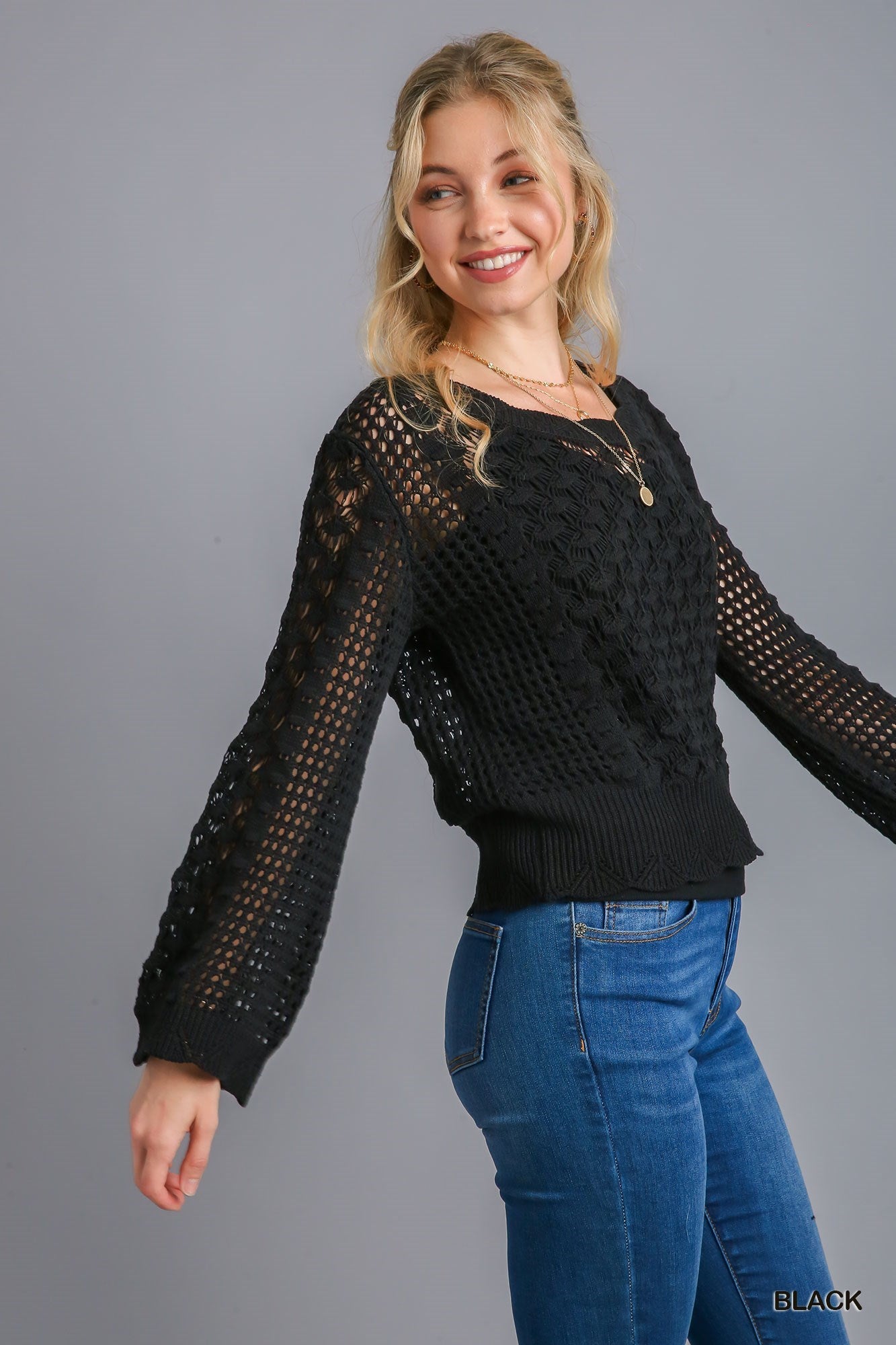 Crochet Light Weight Sweater - Black Umgee Womens Apparel K7438_it