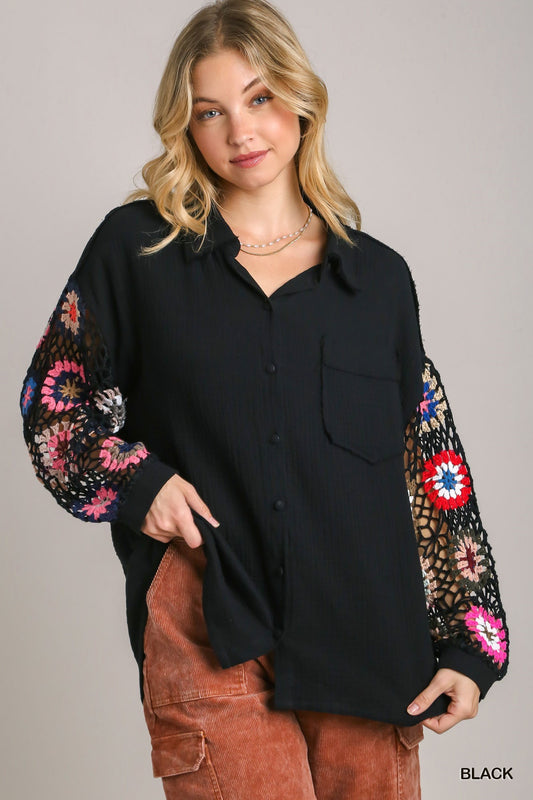 Cotton Gauze Button Down Top w/ Color Crochet Sleeve - Black