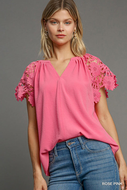 Floral Lace Sleeve Top - Rose Pink