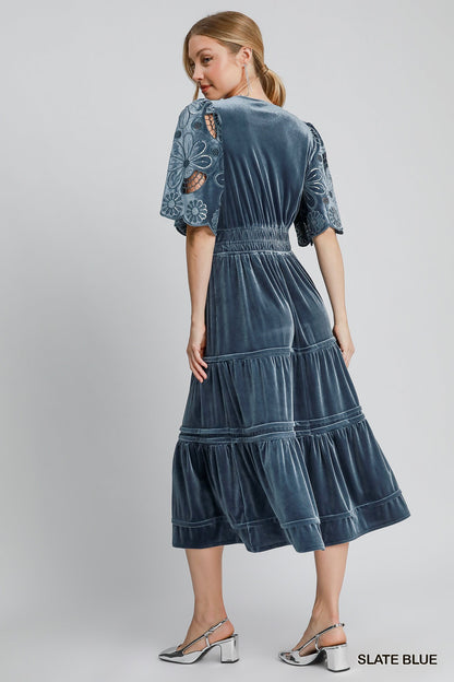 Velvet Tiered Maxi Dress - Slate Blue Umgee Womens Apparel K8908_1z