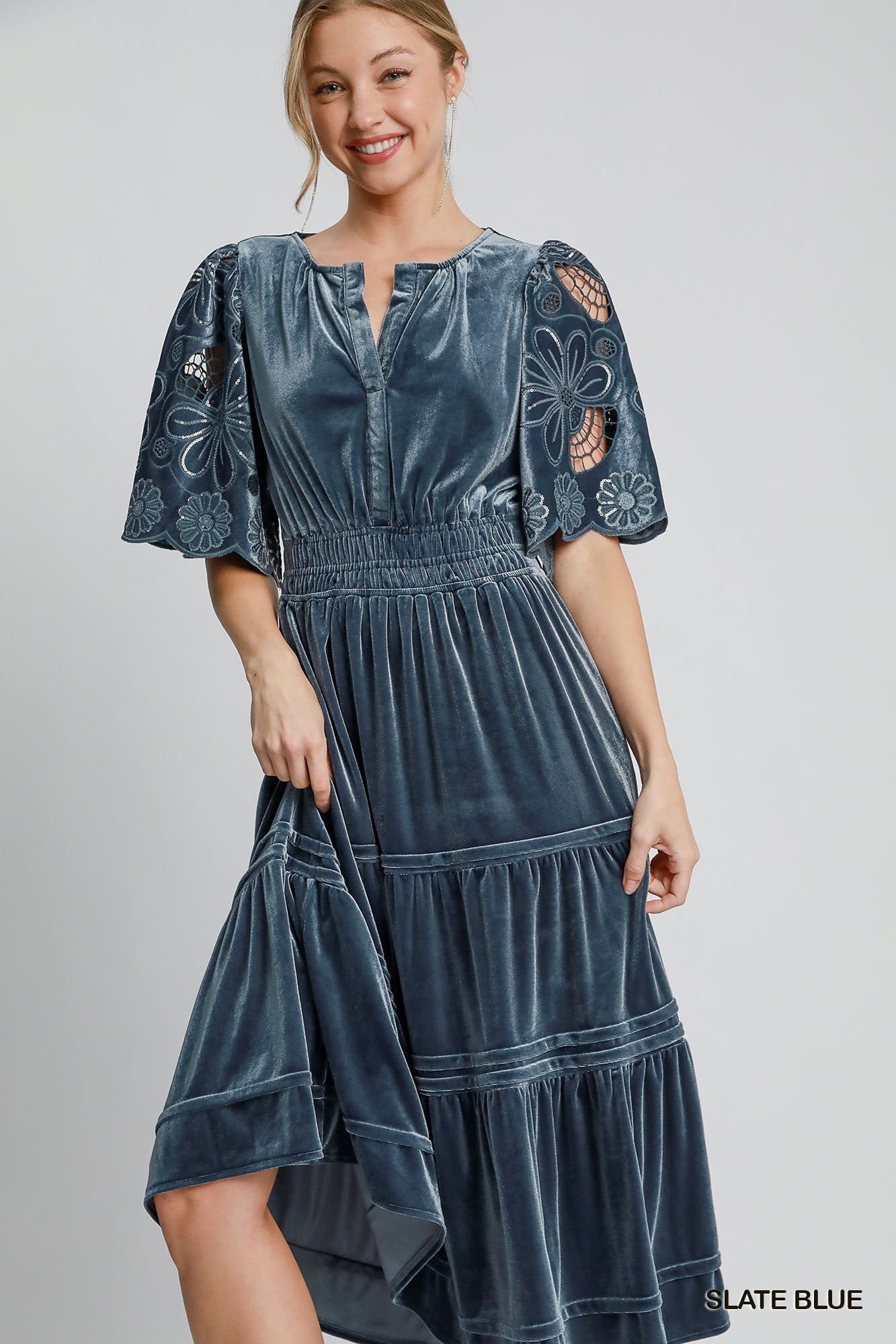 Velvet Tiered Maxi Dress - Slate Blue Umgee Womens Apparel K8908_3n