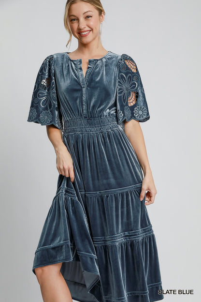 Velvet Tiered Maxi Dress - Slate Blue Umgee Womens Apparel K8908_3n