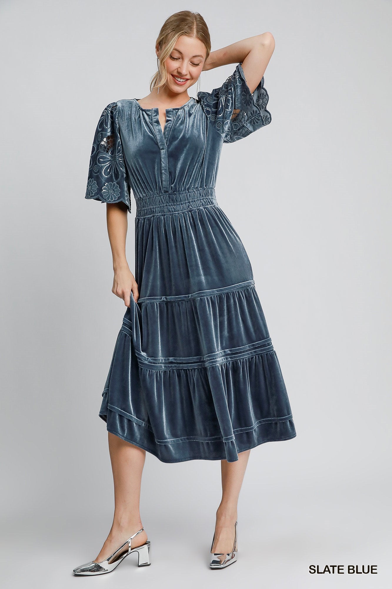 Velvet Tiered Maxi Dress - Slate Blue Large Umgee Womens Apparel K8908_ha