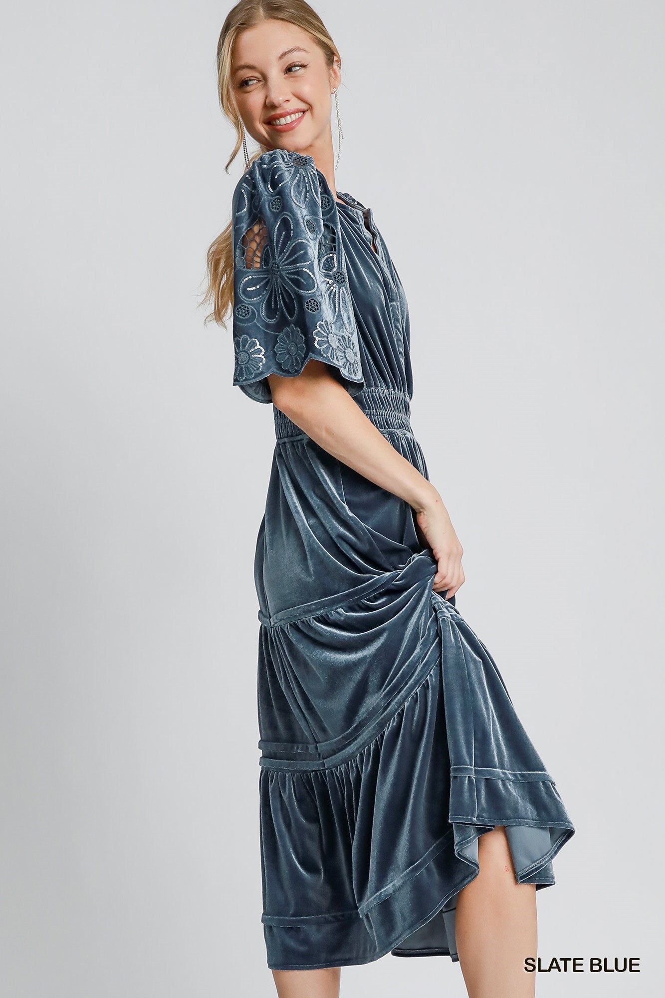 Velvet Tiered Maxi Dress - Slate Blue Umgee Womens Apparel K8908_u7