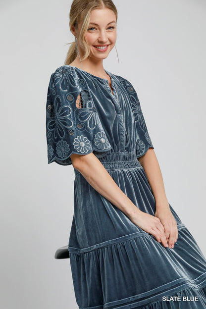 Velvet Tiered Maxi Dress - Slate Blue Umgee Womens Apparel K8908_w3