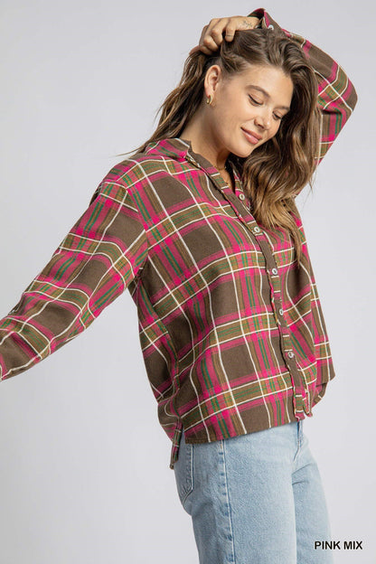 Checkered Button Down Top - Pink Mix Umgee Womens Apparel K8972_5c