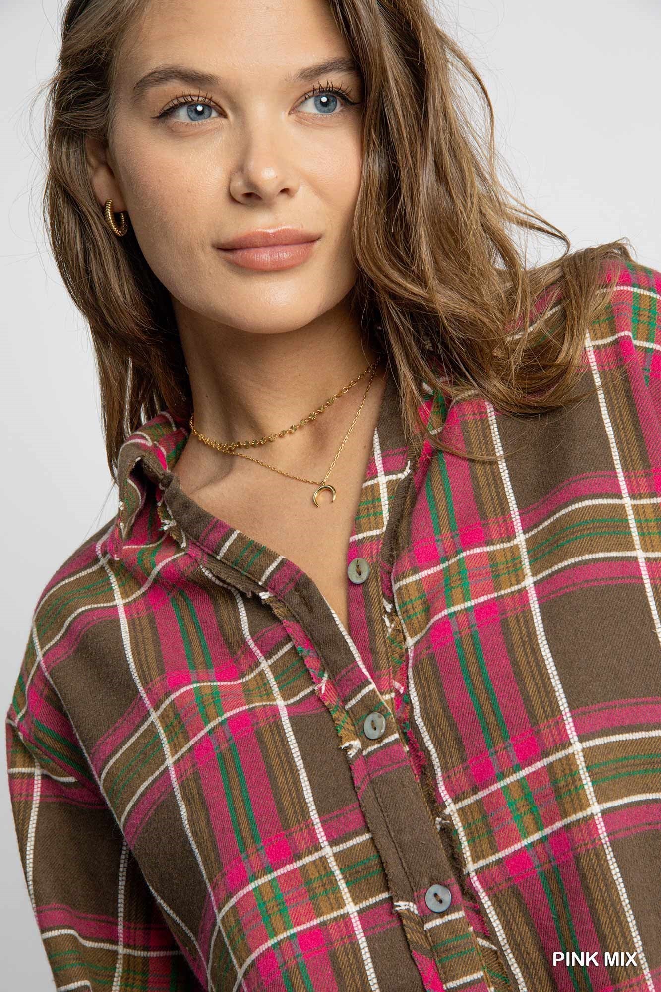 Checkered Button Down Top - Pink Mix Umgee Womens Apparel K8972_v6