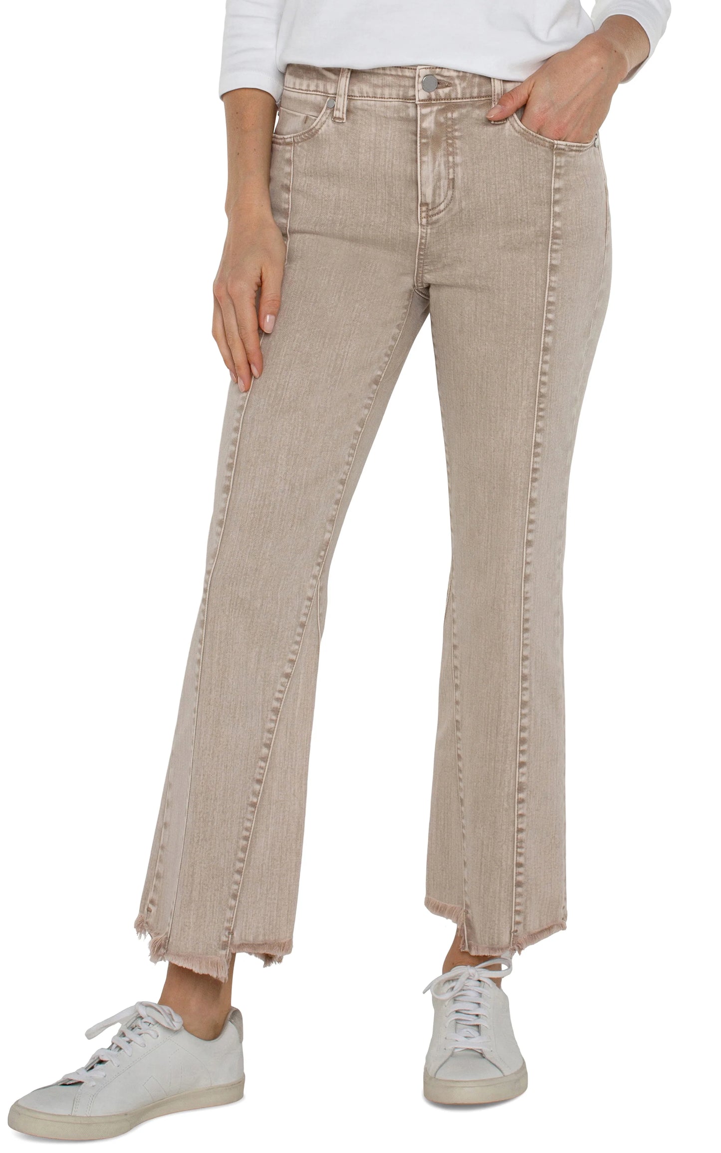 Hannah Crop Flare With Uneven Fray Hem - Eco - Biscuit tan mineral dye Liverpool Womens Apparel LM7879WF-BISCUIT-TAN-MINERAL-DYE-SF-W