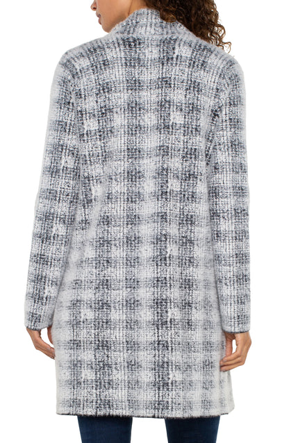 Open Front Coatigan Sweater - Grey/White Plaid Liverpool Womens Apparel LM8487SK46J4-GREY-WHITE-PLAID-B-W