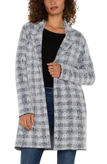 Open Front Coatigan Sweater - Grey/White Plaid Extra large Liverpool Womens Apparel LM8487SK46J4-GREY-WHITE-PLAID-F-W