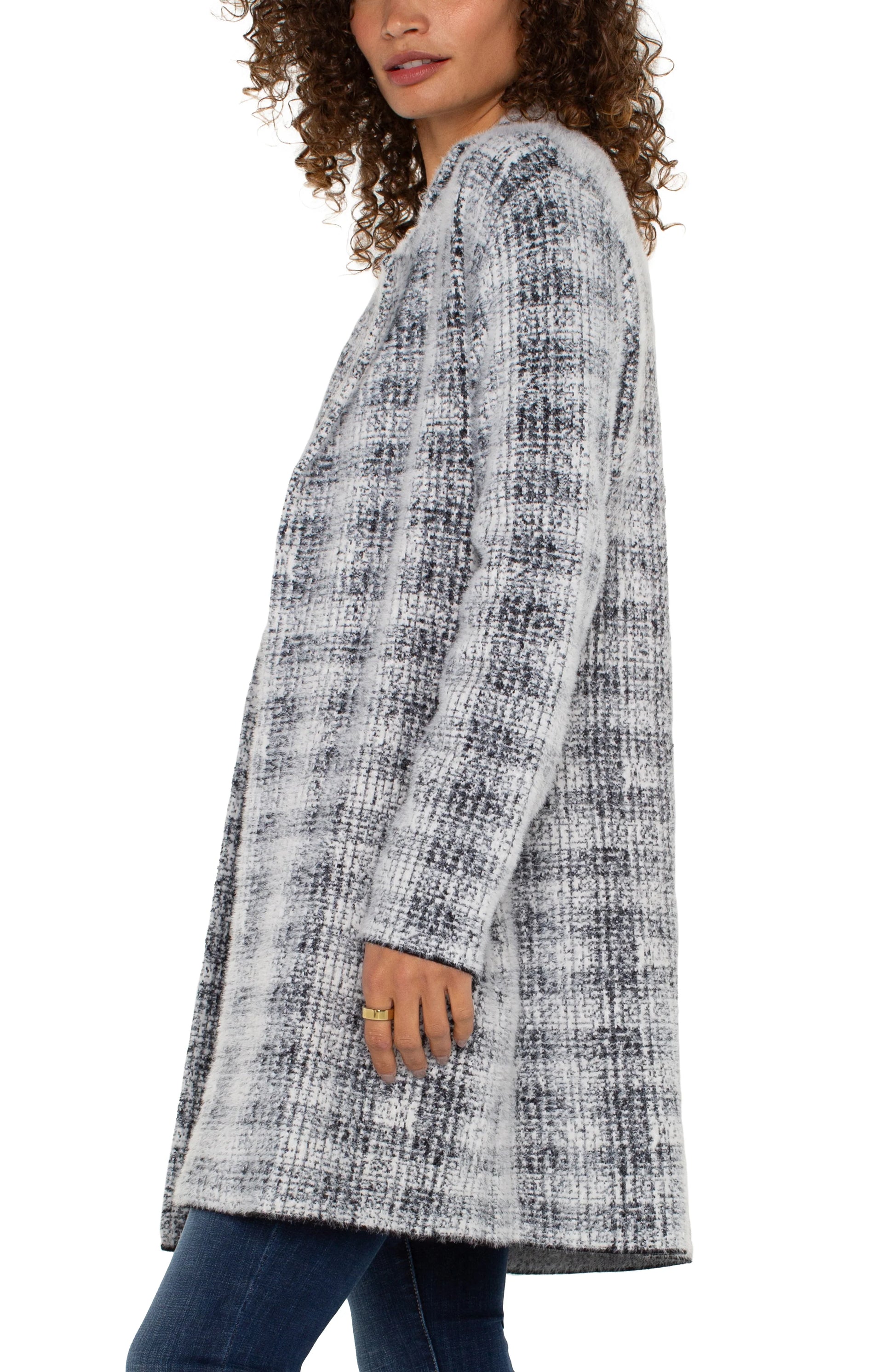 Open Front Coatigan Sweater - Grey/White Plaid Liverpool Womens Apparel LM8487SK46J4-GREY-WHITE-PLAID-S-W