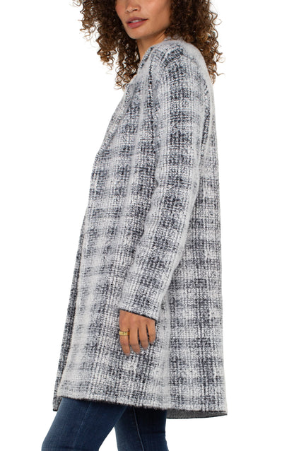 Open Front Coatigan Sweater - Grey/White Plaid Liverpool Womens Apparel LM8487SK46J4-GREY-WHITE-PLAID-S-W