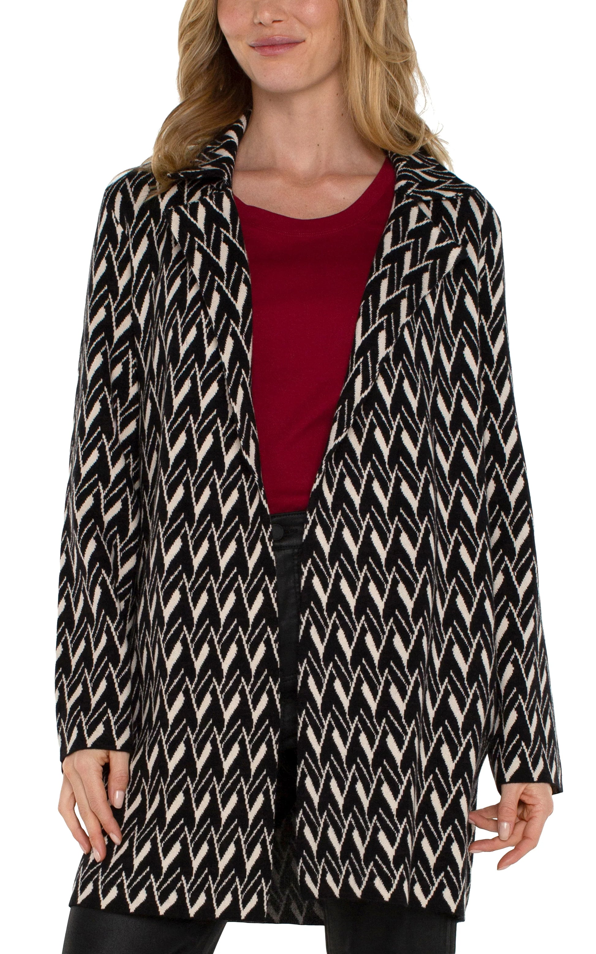 Open Front Coatigan Sweater - Black/Cream Chevron Extra large Liverpool Womens Apparel LM8487SW85J1-BLACK-CREAM-CHEVRON-F-W