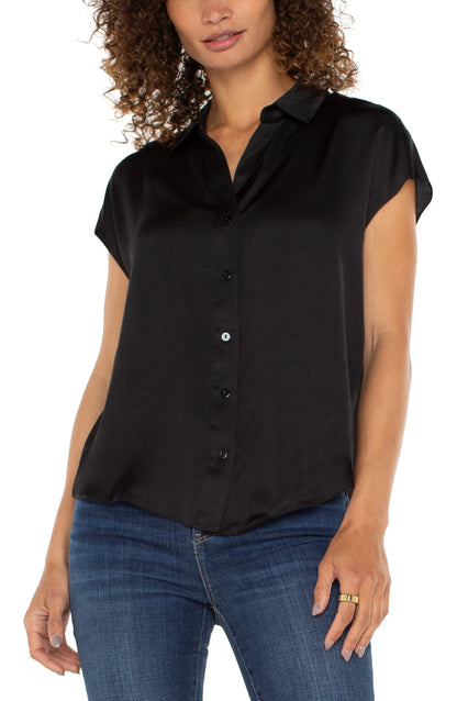 Button Front Dolman Sleeve Blouse - Black Liverpool Womens Apparel LM8B41VS1-BLACK-F-W