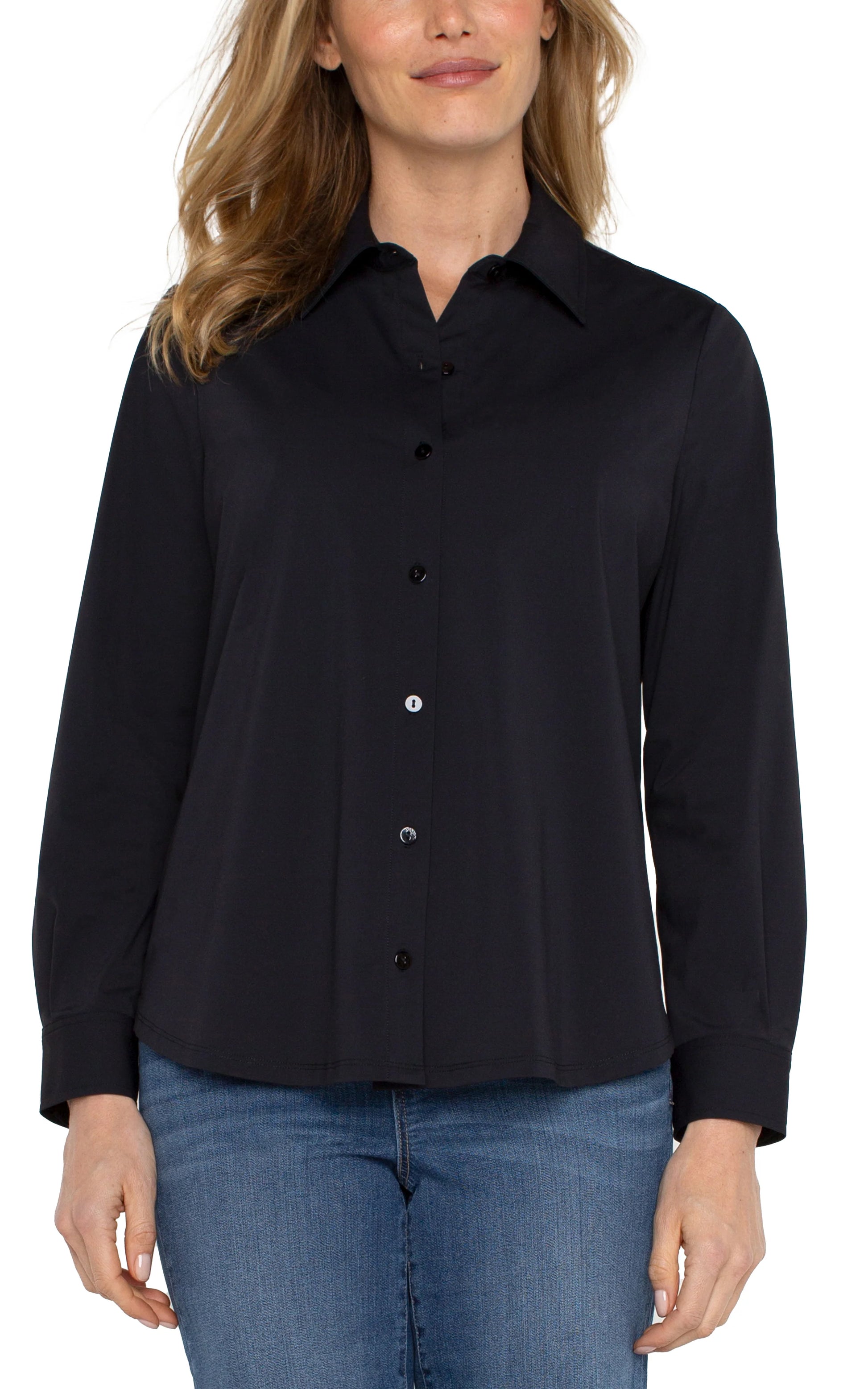 Long Sleeve Button Front Knit Shirt - Black Liverpool Womens Apparel LM8E25ETK-BLACK-F-W