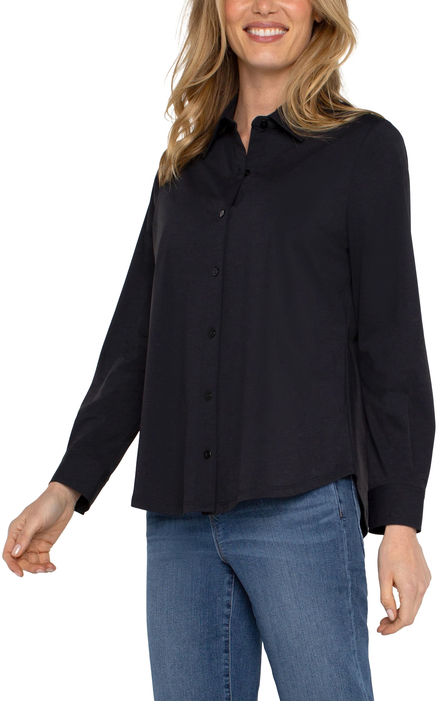 Long Sleeve Button Front Knit Shirt - Black Liverpool Womens Apparel LM8E25ETK-BLACK-F2-W