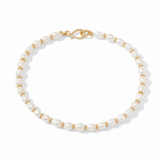 Marbella Gold Pearl Necklace by Julie Vos. Freshwater pearls mingle with shimmering gold rondels, 19.5" length, 13mm freshwater pearls, adjustable hook closure. Shop at The Painted Cottage an Annapolis boutique.