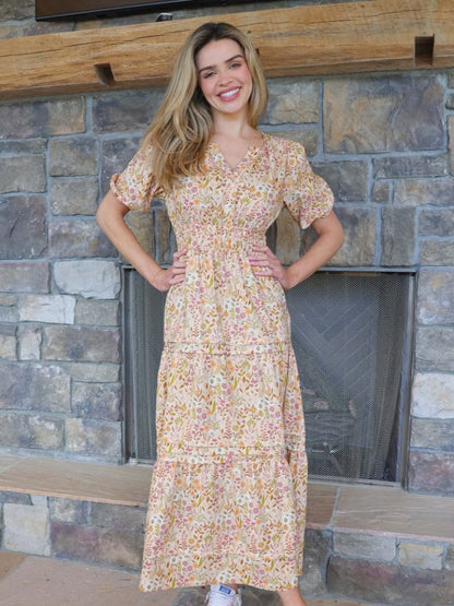 SS Maxi Dress - Tan Flowers XXL Simply Southern Womens Apparel PP-0224-DRS-MAXI-TANFLD-LIFESTYLE-768x1024