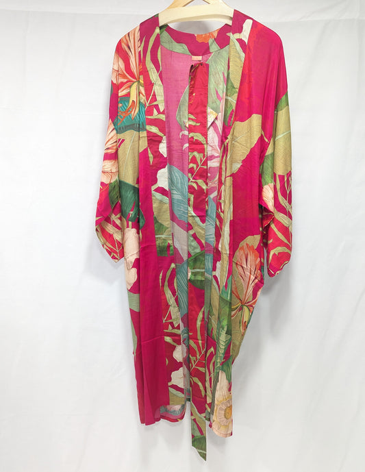 Delicate Tropical Kimono Gown in Dark Rose