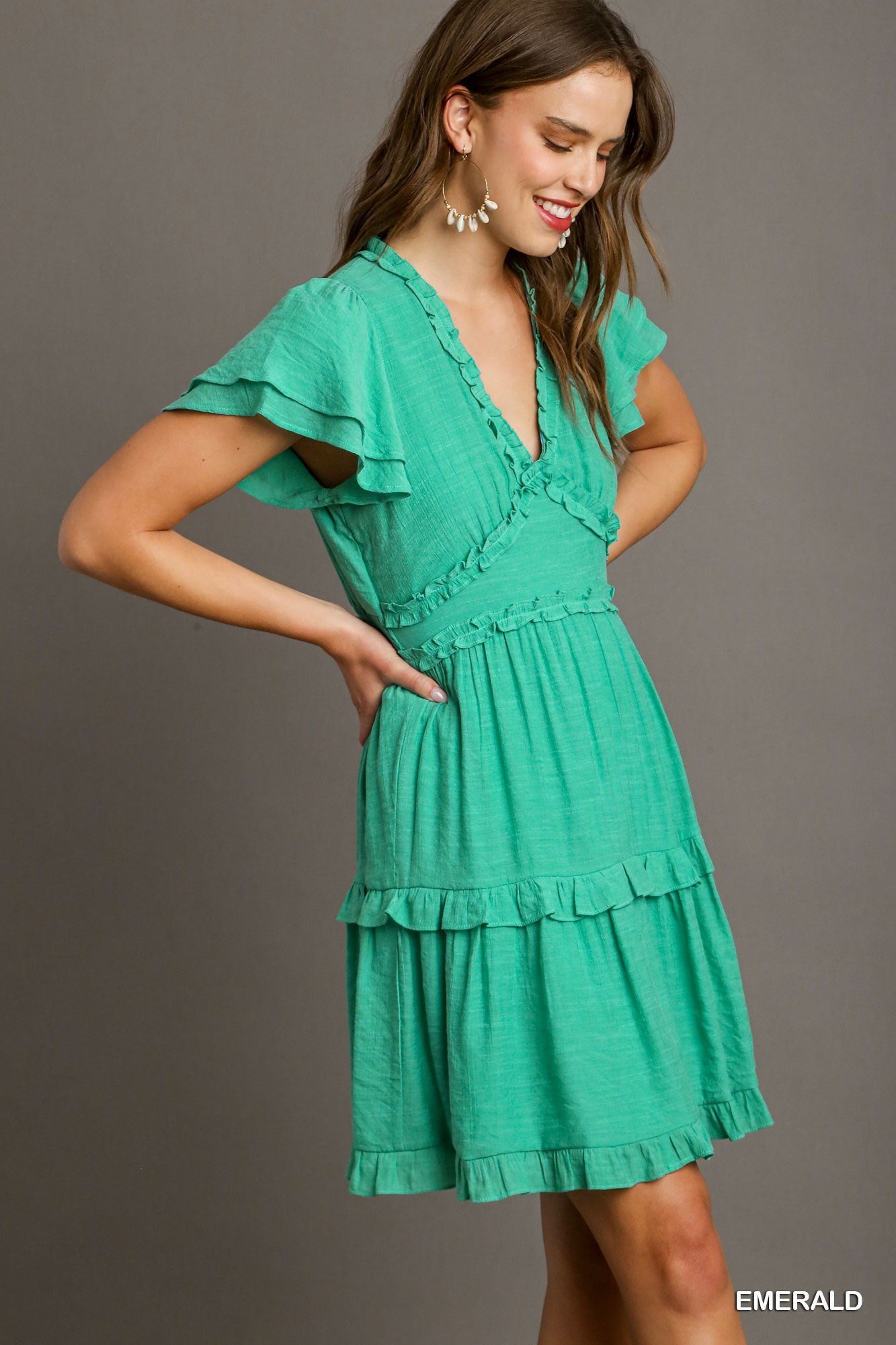 V-Neck Ruffle Dress - Emerald