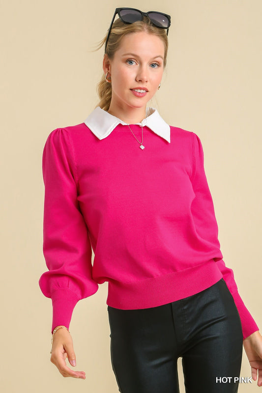 Round Neck Knit Pullover Sweater w/ Puff Sleeve - Hot Pink