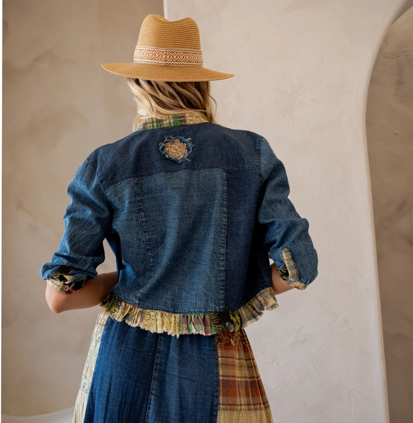 Western Boho Chic: Patchwork Cropped Denim Jacket Young Threads Womens Apparel a986b0eb76b2203d1e41709bdb61930115b5342082dcd1dcc793430bc16acf69