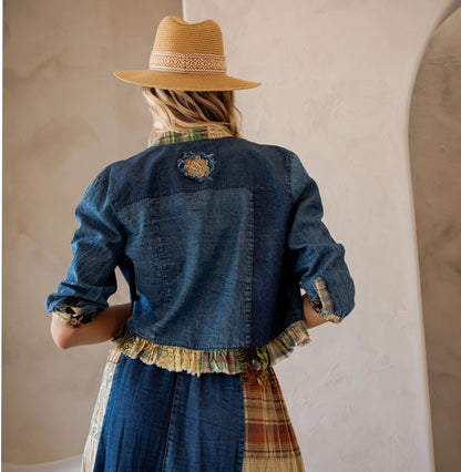 Western Boho Chic: Patchwork Cropped Denim Jacket Young Threads Womens Apparel a986b0eb76b2203d1e41709bdb61930115b5342082dcd1dcc793430bc16acf69