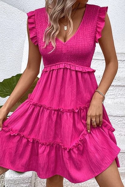 Rose V Neck Smocked Flutter Sleeves Tiered Dress Unishe Womens Apparel b3bb5326089a5f68d1cec32b47e07769e445e346ca69048935e7749aa34d2ba9