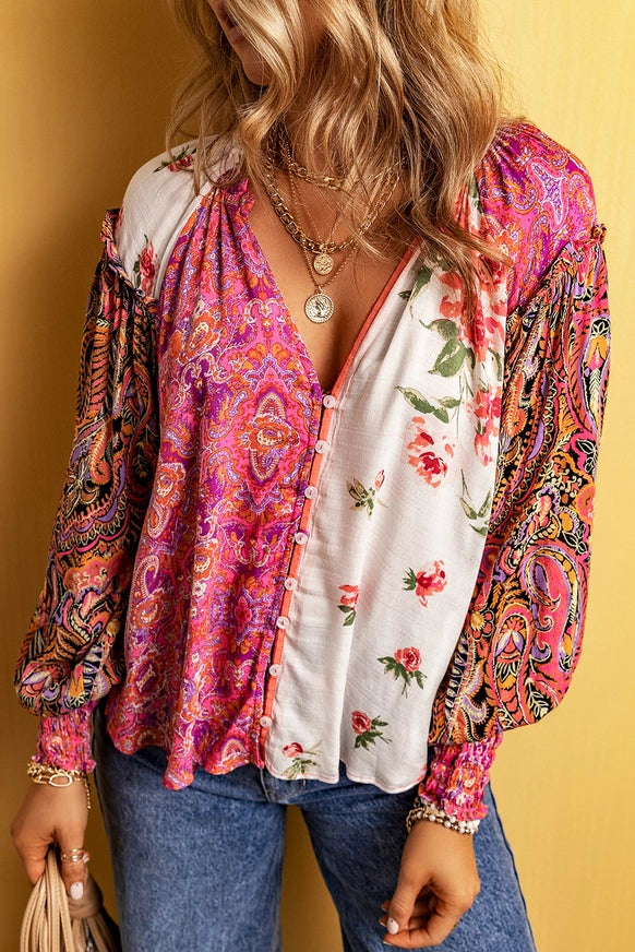 Floral Patchwork Shirred Cuff Buttoned V Neck Blouse Little Daisy Closet Womens Apparel b6789ca1115d6024a1c9bc435986a0a40c26ccc2787183d3c2dcc0070d06b931