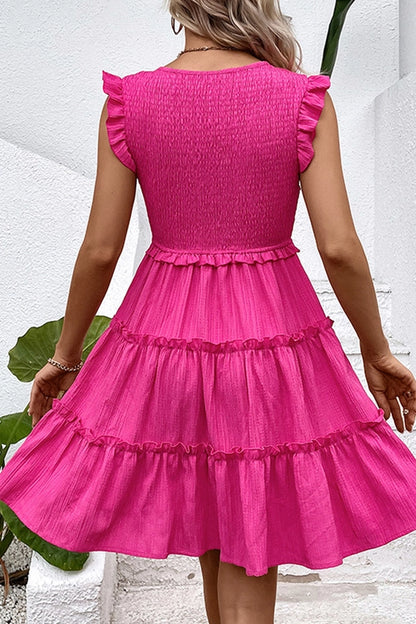 Rose V Neck Smocked Flutter Sleeves Tiered Dress Unishe Womens Apparel c32ee4478d63c63ef1c766c49299808cc1474cfc6c246c66622ccdbf998dd09a