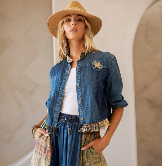 Western Boho Chic: Patchwork Cropped Denim Jacket Young Threads Womens Apparel d127a1746383e042ea60cbe893d6193a754266ef8a7527f4e48c60078fd23dde