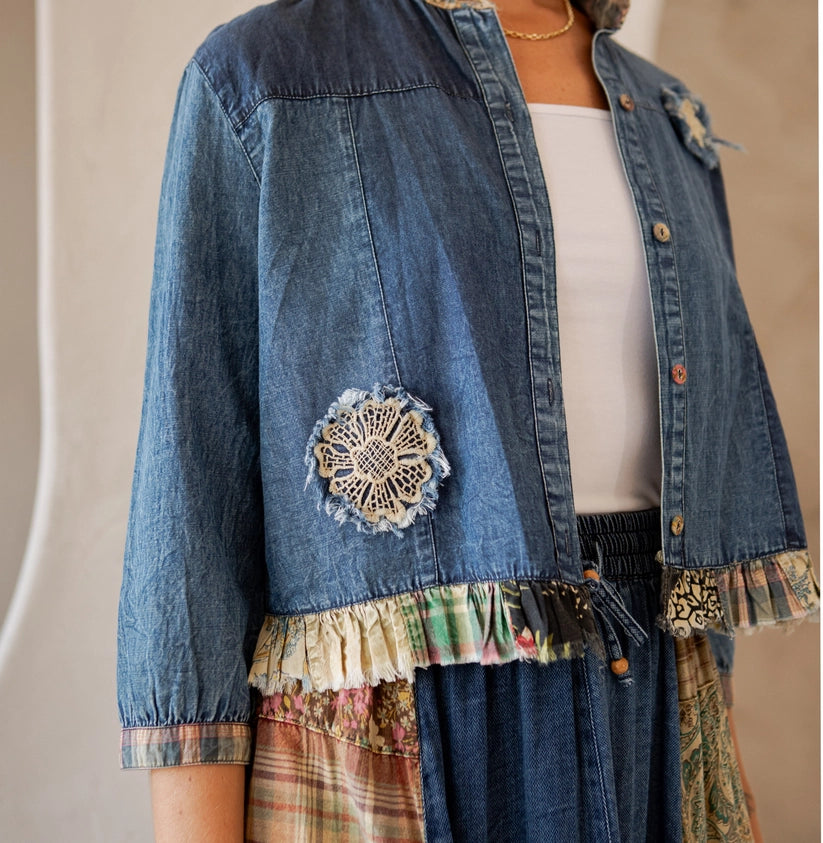 Western Boho Chic: Patchwork Cropped Denim Jacket Young Threads Womens Apparel e1f15c5659e84f78abca377ab8684452c60df959869c5e91f50582cf7c567361