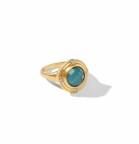 Astor Ring - Iridescent Peacock Blue by Julie Vos. A signet ring featuring a sparkling rose cut gem set in a surround of two lightly hammered golden walls embellished with four CZs. Shop at The Painted Cottage an Annapolis boutique.