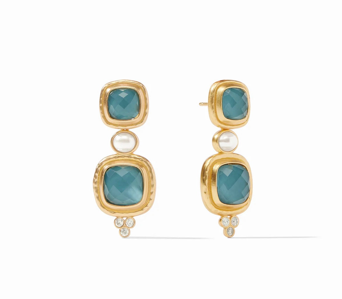Tudor Statement Earring - Iridescent Peacock Blue by Julie Vos. These premium statement studs are crafted with an opulent blue hue, luxuriously offset by pearl detailing. Shop at The Painted Cottage in Edgewater, MD.