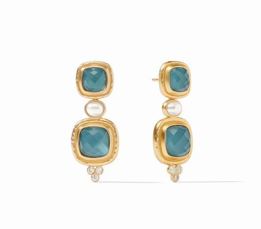 Tudor Statement Earring - Iridescent Peacock Blue by Julie Vos. These premium statement studs are crafted with an opulent blue hue, luxuriously offset by pearl detailing. Shop at The Painted Cottage in Edgewater, MD.