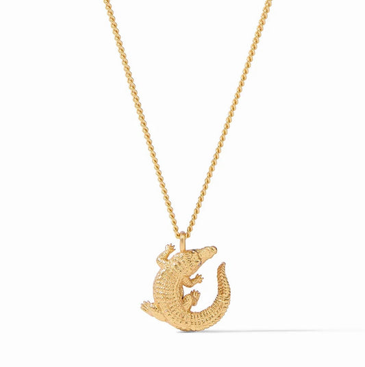 Alligator Solitaire Necklace by Julie Vos. Miniature golden alligator with glittering CZ eyes suspended beneath a delicate curb chain. 16.45 - 17.7 inches. Shop at The Painted Cottage in Edgewater, MD