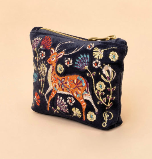 Velvet Embroidered Mini Pouch - Folk Art Deer, Slate