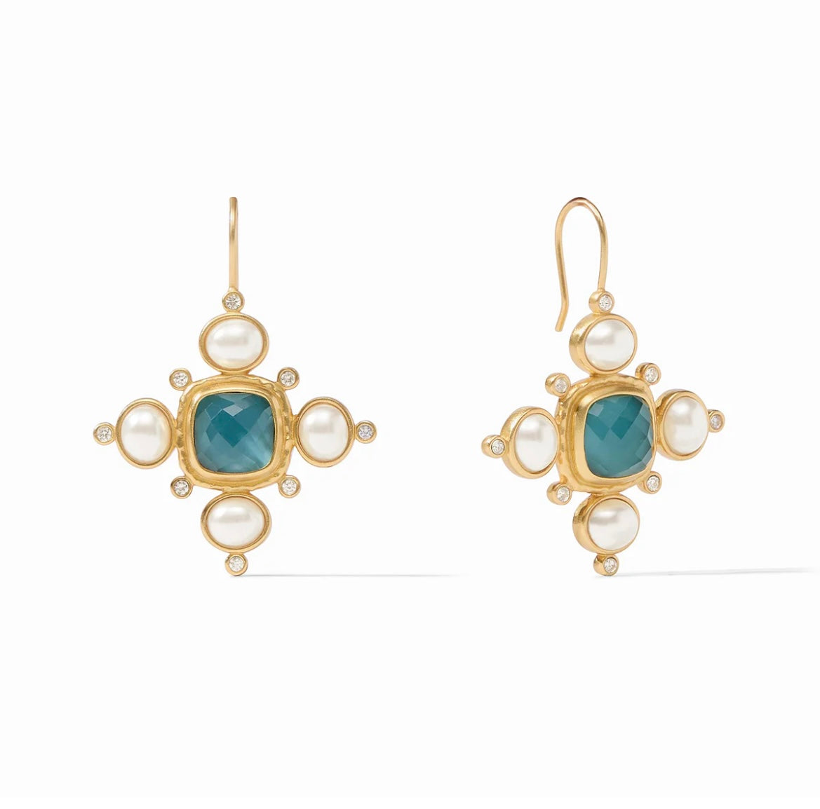 Tudor Earring - Iridescent Peacock Blue by Julie Vos. A cushion cut gemstone is set at the center of this show-stopping earring, surrounded by CZs and pearls. .8 inches. Shop at The Painted Cottage in Edgewater, MD.