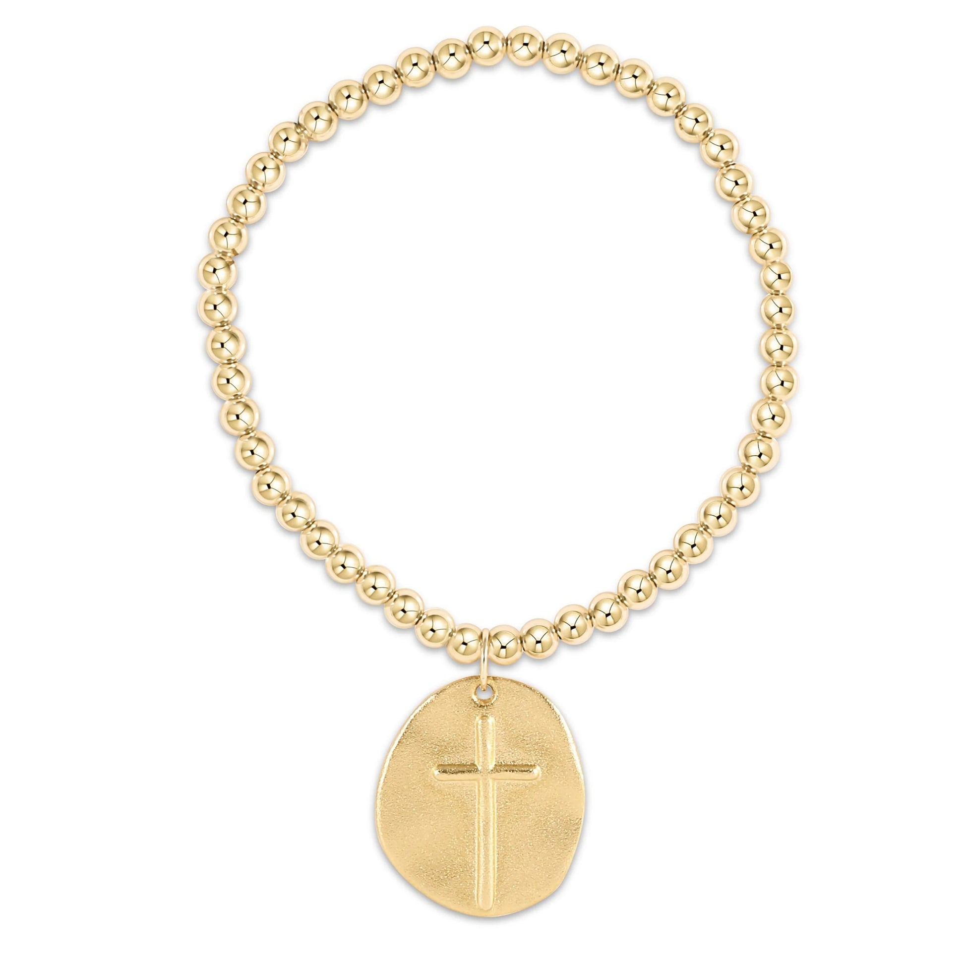 Extends Classic Gold 4mm Bracelet - Inspire Gold Charm by eNewton. 4mm beaded bracelet with double-sided cross and angel charm in 14kt gold. Shop at The Painted Cottage in Edgewater, MD.