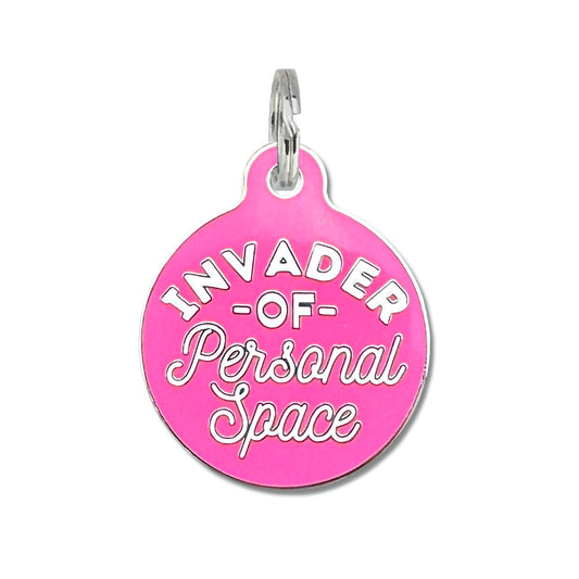 Invader Personal Space Pet Tag - Small 1"- Pink Bad Tags Pet Friendly invader_pink__32540