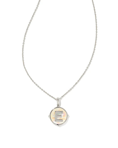 Letter E Silver Disc Reversible Pendant Necklace in Iridescent Abalone