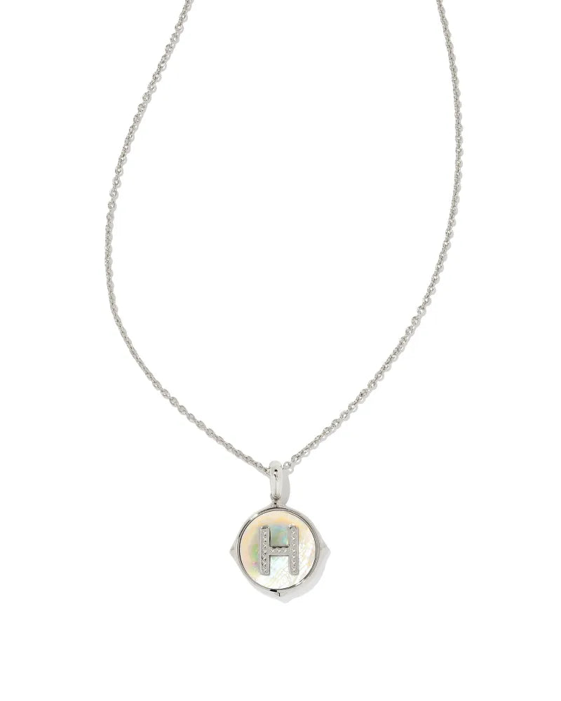 Letter H Silver Disc Reversible Pendant Necklace in Iridescent Abalone